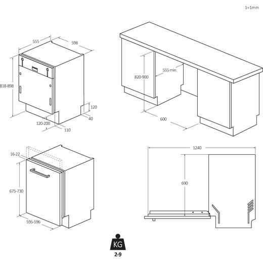 Hoover H-DISH 700 Fully Integrated Standard Dishwasher - Black with Fixed Door Hinge Kit  - Annotation - Dimension shot